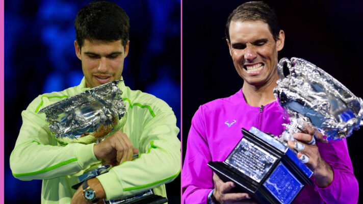 Pictured: Carlos Alcaraz and Rafael Nadal celebrate Australian Open titles
