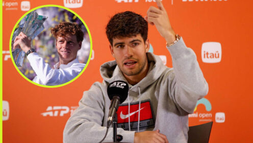 Pictured: Carlos Alcaraz with inset of Jannik Sinner