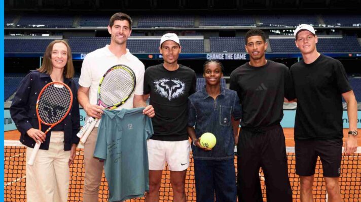 Iga Swiatek, Thibaut Courtois, Rafael Nadal, Jude Bellingham and Jannik Sinner at the Bernabeu in Madrid