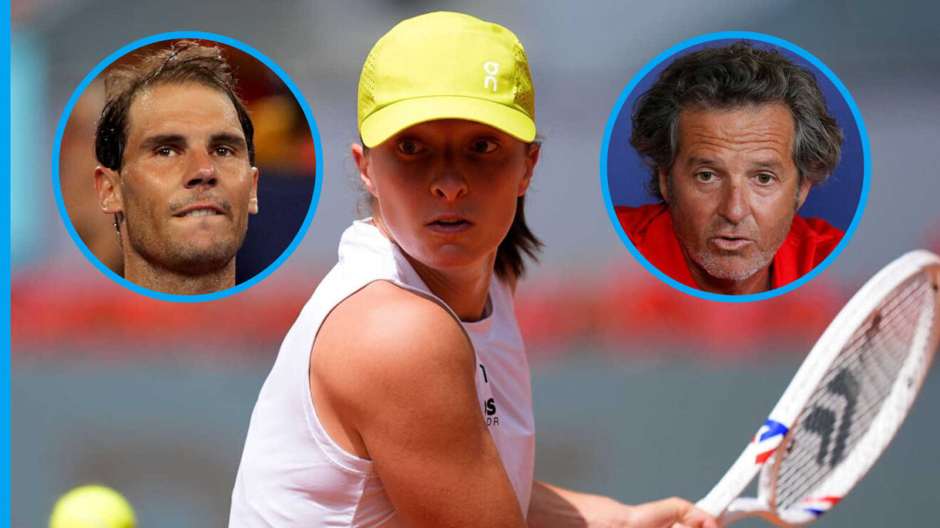 Pictured: Iga Swiatek with insets of Rafael Nadal and Francisco Roig