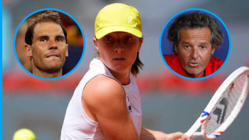 Pictured: Iga Swiatek with insets of Rafael Nadal and Francisco Roig