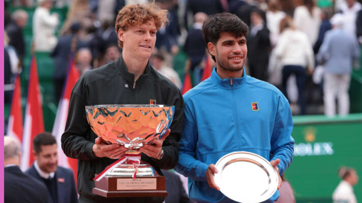 Pictured: Jannik Sinner and Carlos Alcaraz with Monte Carlo Masters trophies