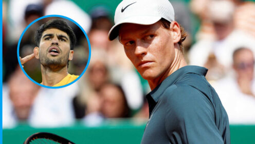 Pictured: Jannik Sinner with inset of Carlos Alcaraz