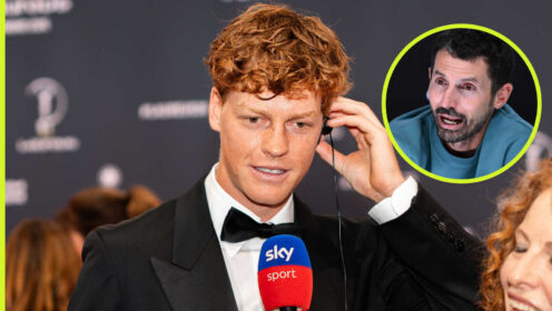 Pictured: Jannik Sinner with inset of his coach Simone Vagnozzi