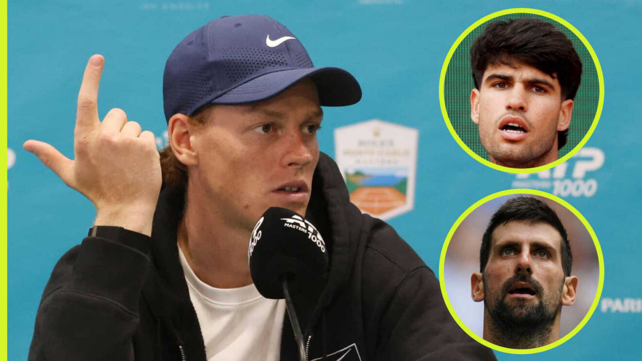 Pictured: Jannik Sinner with insets of Carlos Alcaraz and Novak Djokovic