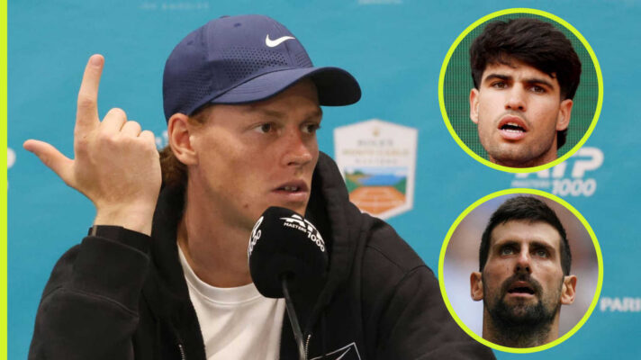 Pictured: Jannik Sinner with insets of Carlos Alcaraz and Novak Djokovic