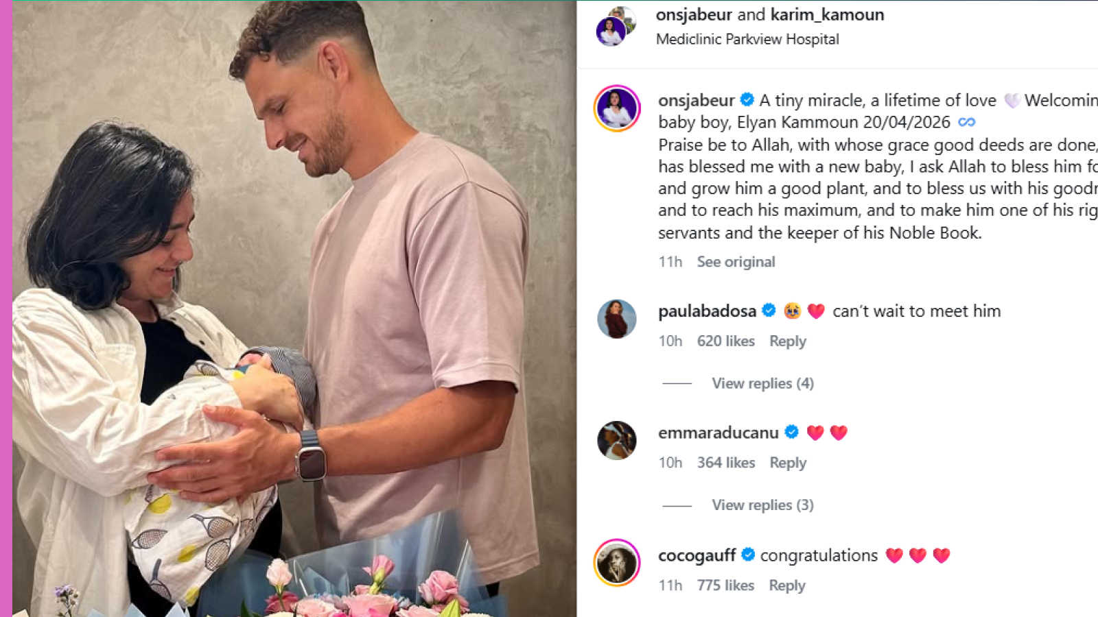 Pictured: Ons Jabeur and Karim Kammoun with baby Elyan Kammoun