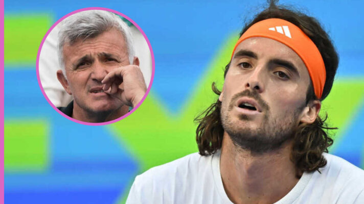 Pictured: Stefanos Tsitsipas with an inset of his father Apostolos Tsitsipas
