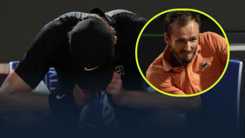 Jannik Sinner with his head in his hands at the Italian Open, with Daniil Medvedev (inset) in action