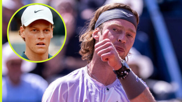 Pictured: Andrey Rublev with inset of Jannik Sinner