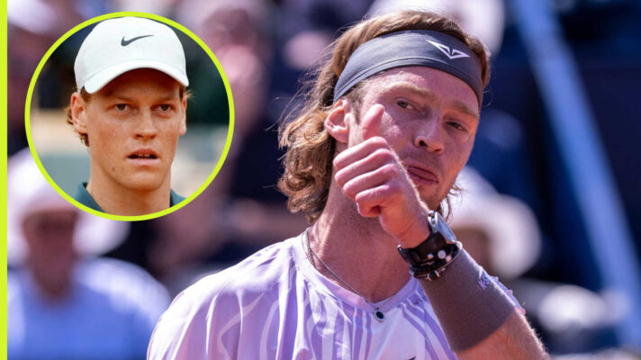 Pictured: Andrey Rublev with inset of Jannik Sinner