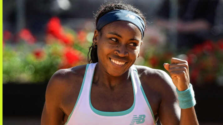 Pictured: Coco Gauff celebrates after her match