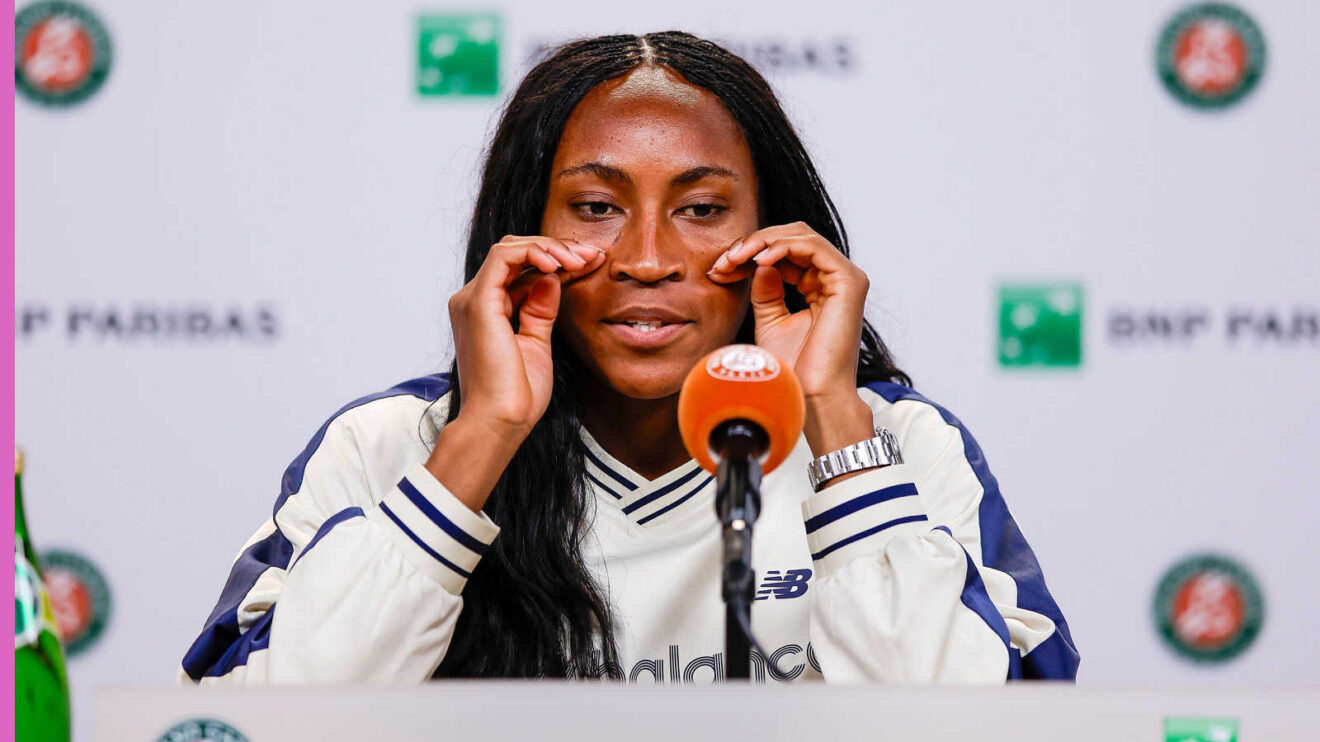 Pictured: Coco Gauff speaks during a press conference