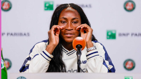 Pictured: Coco Gauff speaks during a press conference