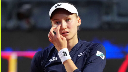 Pictured: Elena Rybakina reacts during her match