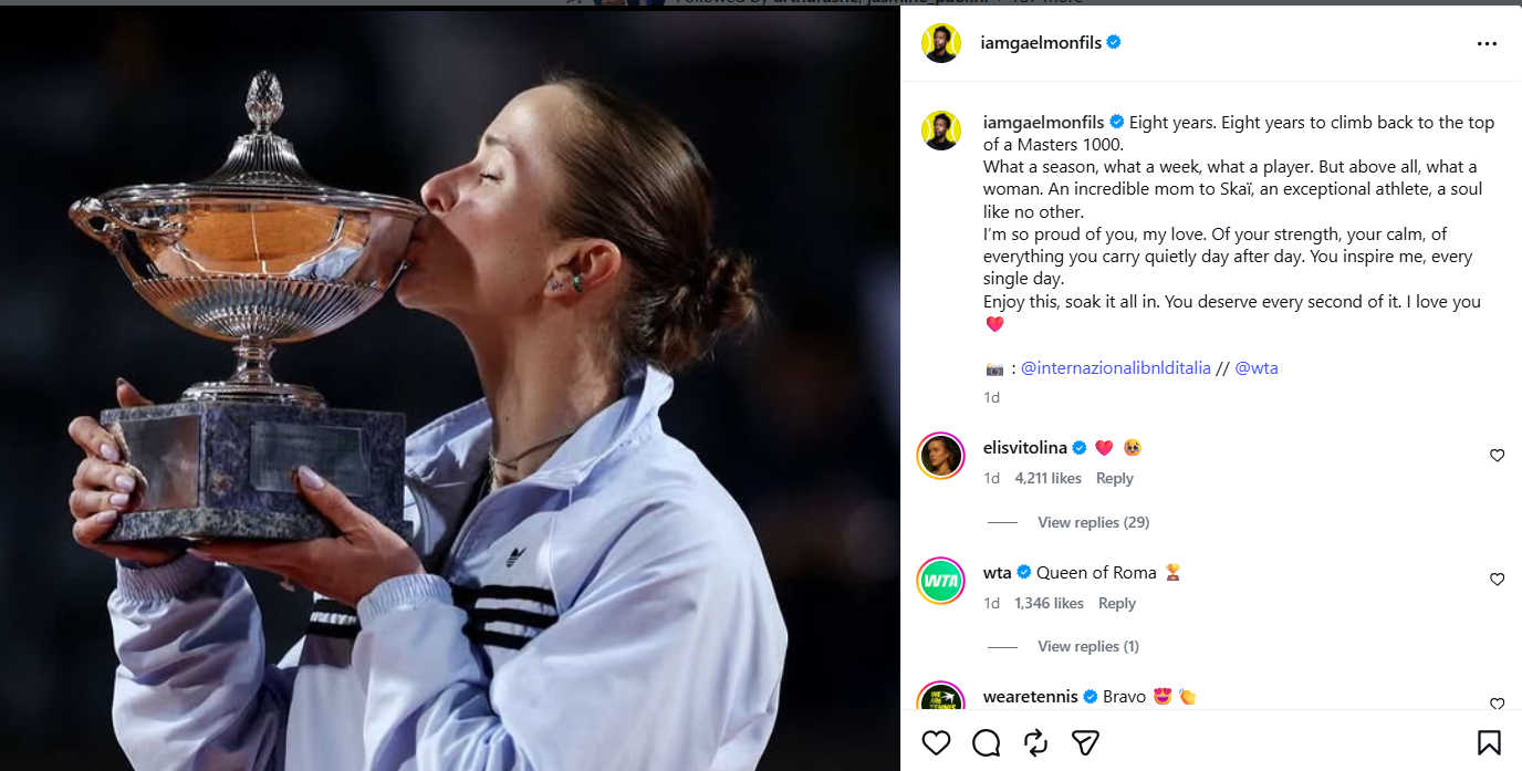 Gael Monfils’ touching message to wife Elina Svitolina after Italian Open title