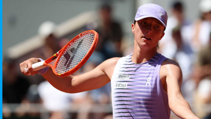 Pictured: Iga Swiatek serves during her match