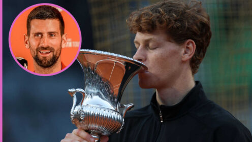 Pictured: Jannik Sinner with inset of Novak Djokovic
