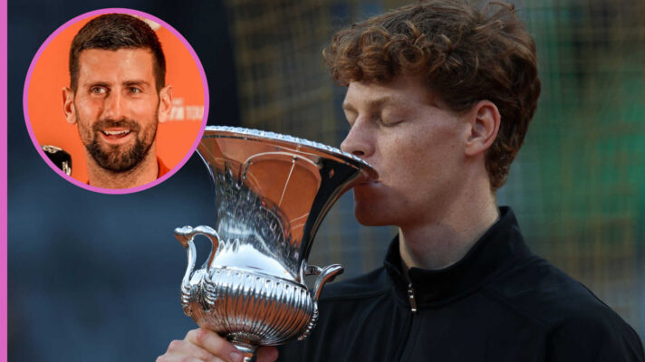 Pictured: Jannik Sinner with inset of Novak Djokovic