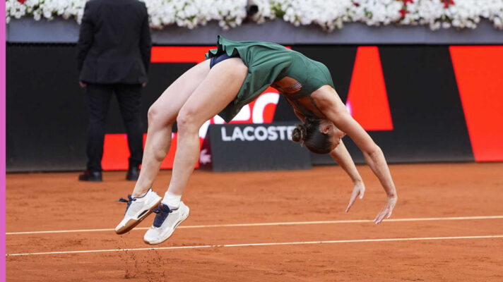 Pictured: Marta Kostyuk does a backflip after winning Madrid Open