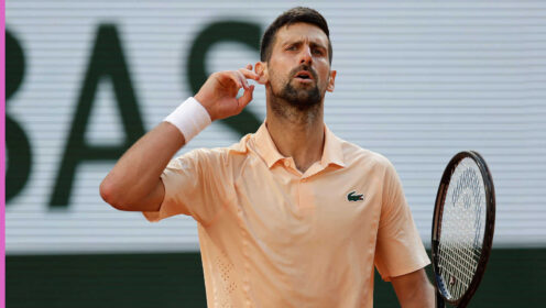 Pictured: Novak Djokovic reacts during a match
