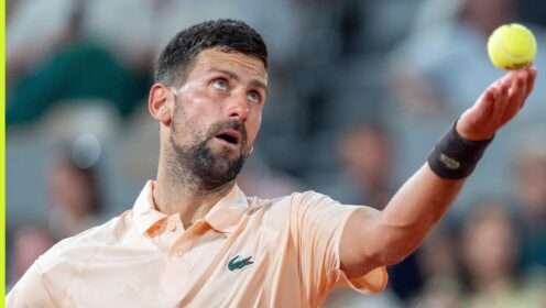 Novak Djokovic serves at the French Open