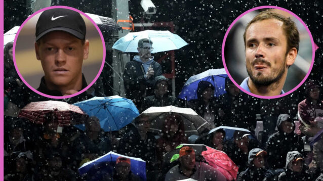 Pictured: Rain at the Italian Open with insets of Jannik Sinner and Daniil Medvedev