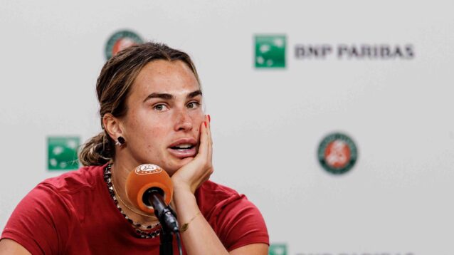 Pictured: Aryna Sabalenka during a media interview presser