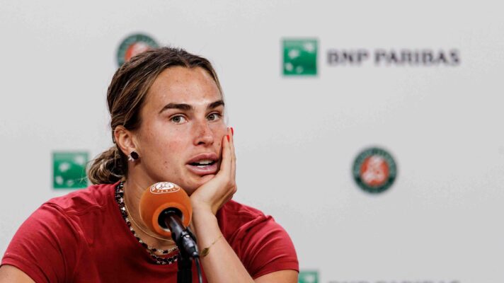 Pictured: Aryna Sabalenka during a media interview presser