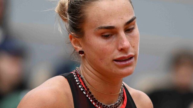 Pictured: Aryna Sabalenka looks fed up at the French Open