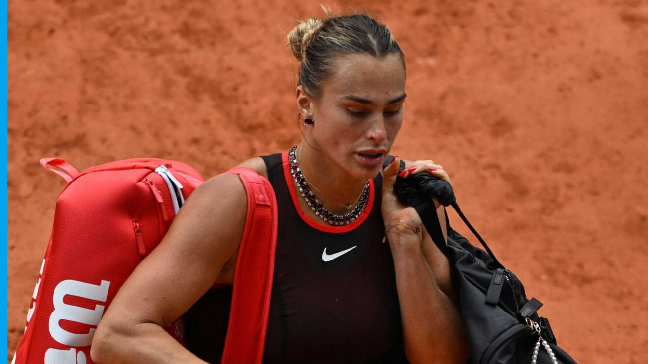 Pictured: A disappointed Aryna Sabalenka leaves the court