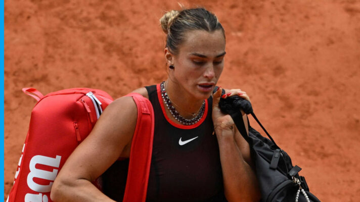 Pictured: A disappointed Aryna Sabalenka leaves the court