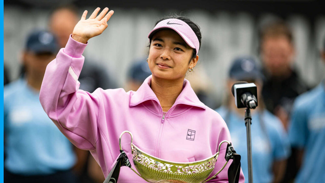 Alex Eala celebrates after winning Birmingham WTA 125K title