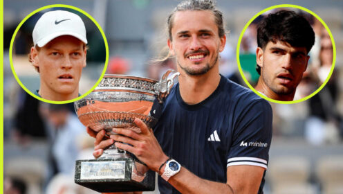 Pictured: Alexander Zverev with insets of Jannik Sinner and Carlos Alcaraz