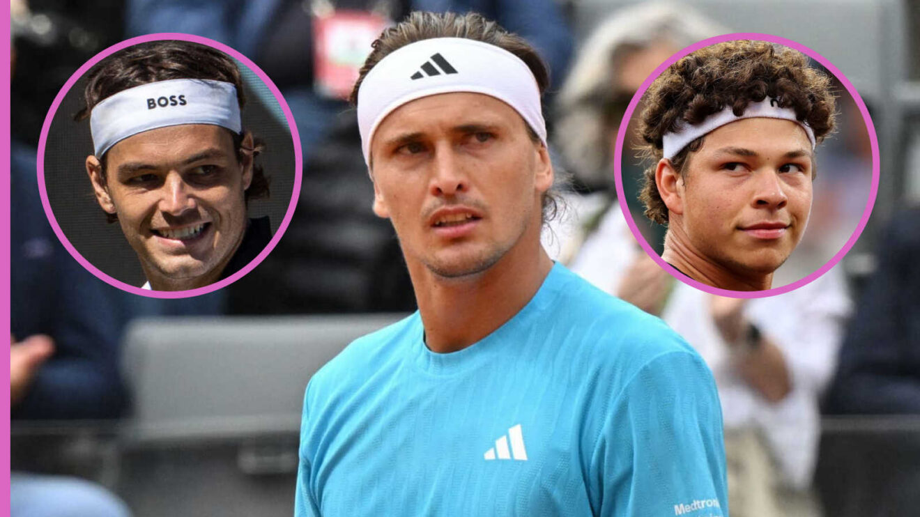 Pictured: Alexander Zverev with insets of Taylor Fritz and Ben Shelton