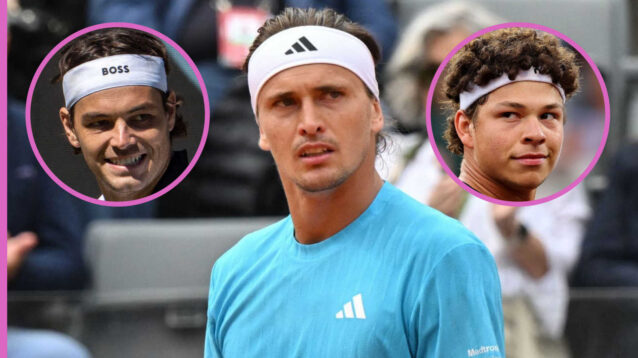 Pictured: Alexander Zverev with insets of Taylor Fritz and Ben Shelton