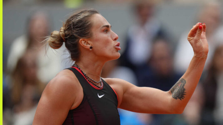 Pictured: An upset Aryna Sabalenka reacts during her match