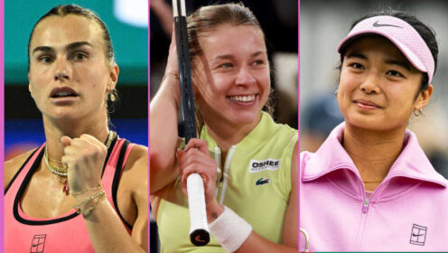 Pictured: Aryna Sabalenka, Maja Chwalinksa and Alex Eala