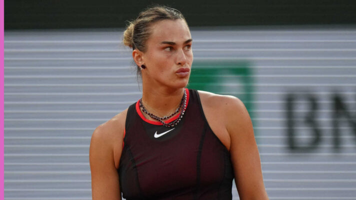 Pictured: Aryna Sabalenka reacts during her match