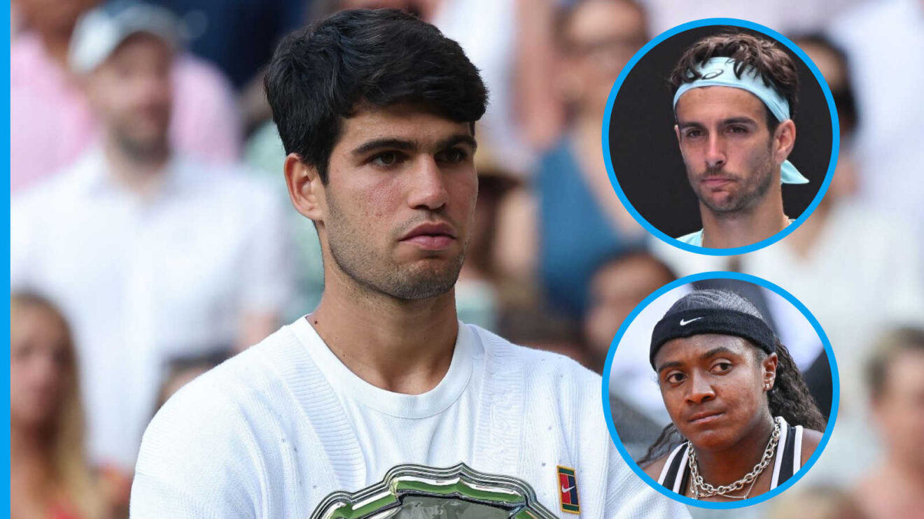 Pictured: Carlos Alcaraz with inset of Lorenzo Musetti and Hailey Baptiste