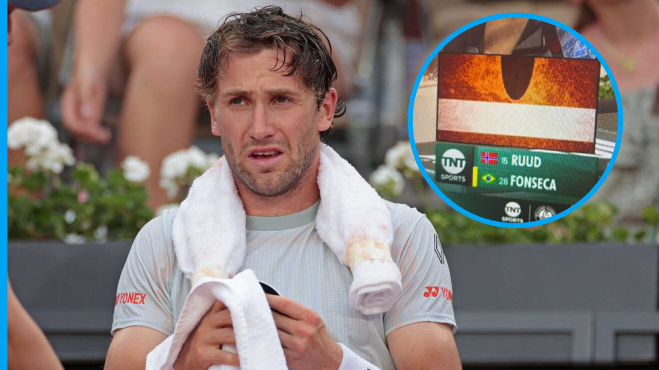 Pictured: Casper Ruud with inset of poor line call
