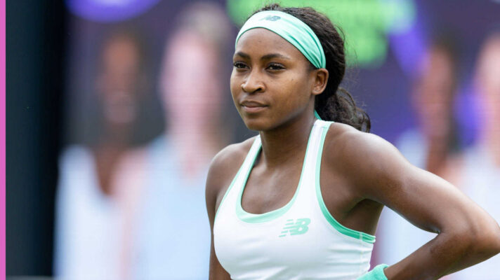 Pictured: Coco Gauff reacts during a match