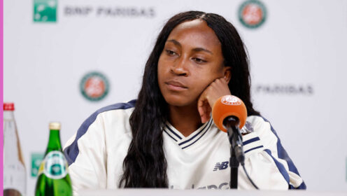 Pictured: Coco Gauff talks to the media during a press conference