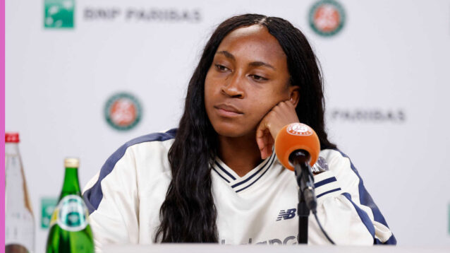 Pictured: Coco Gauff talks to the media during a press conference