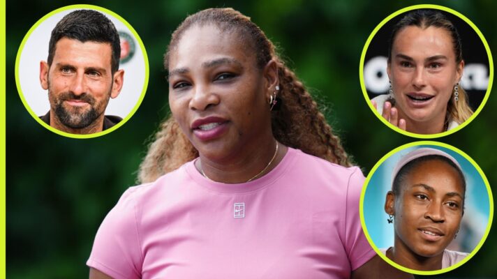 Serena Williams with Novak Djokovic, Aryna Sabalenka and Coco Gauff inset
