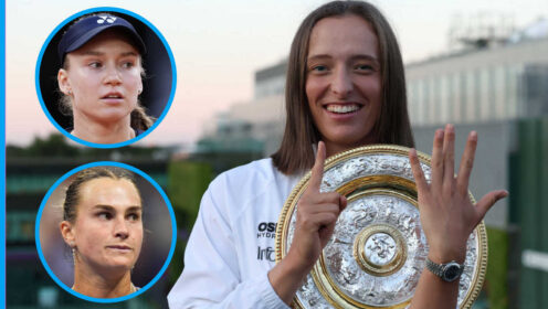 Pictured: Iga Swiatek with insets of Elena Rybakina and Aryna Sabalenka