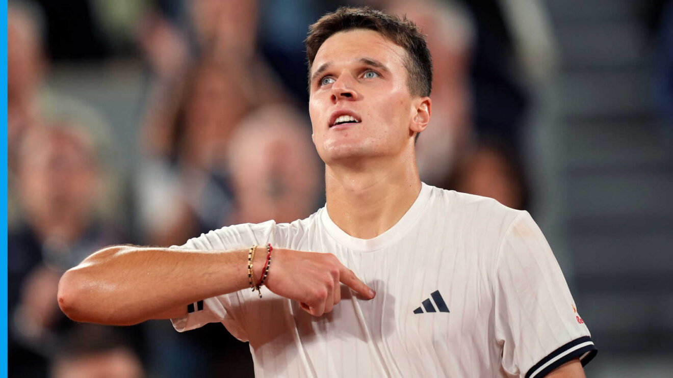 Pictured: Jakub Mensik celebrates after his match
