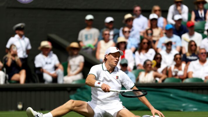 Jannik Sinner taking a fall at Wimbledon
