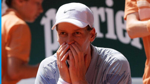 Pictured: Jannik Sinner looking shocked