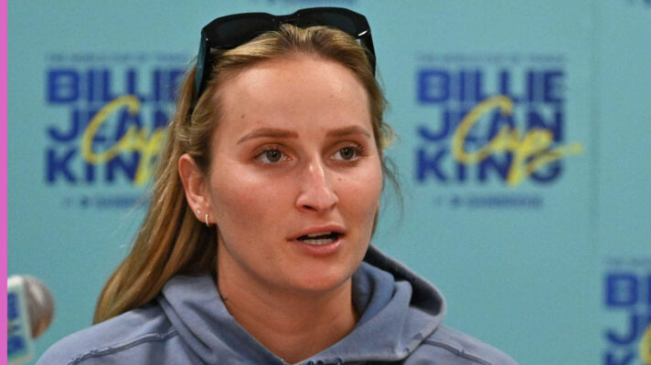 Pictured: Marketa Vondrousova attends a press conference